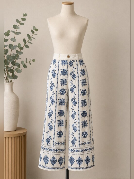 Joie Pants - Joie Womens 4 White Linen Blend Embroidered Pants Blue Floral Coastal Boho